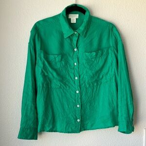 Cynthia Rowley Kelly Green Teal 100%  Linen Cropped Button Down Shirt Resortwear